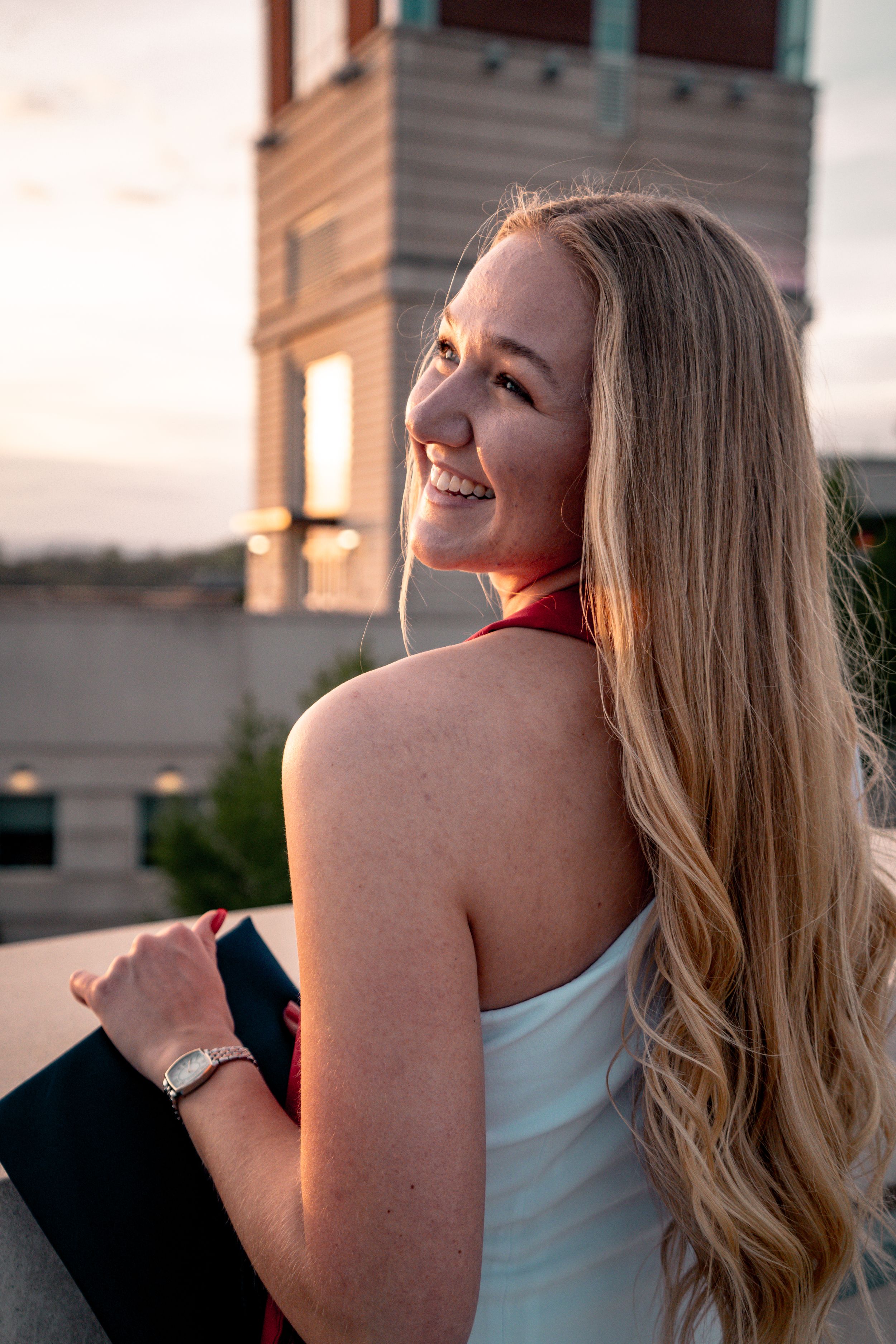 Liberty University graduate photo. Golden hour with Freedom Tour.