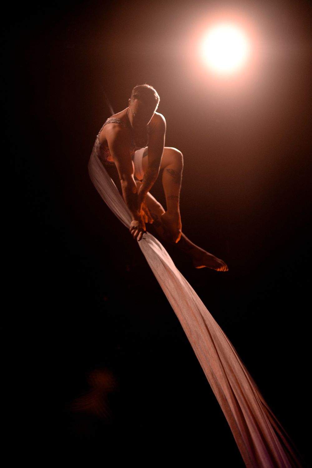 Aerial silk performer gracefully poses on fabric under dramatic spotlight.