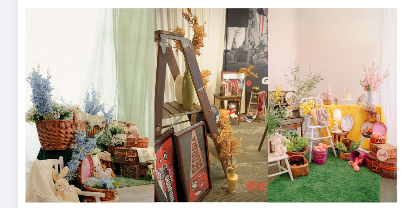 A collection of pink and pastel decorations and toys arranged in a playroom setting.