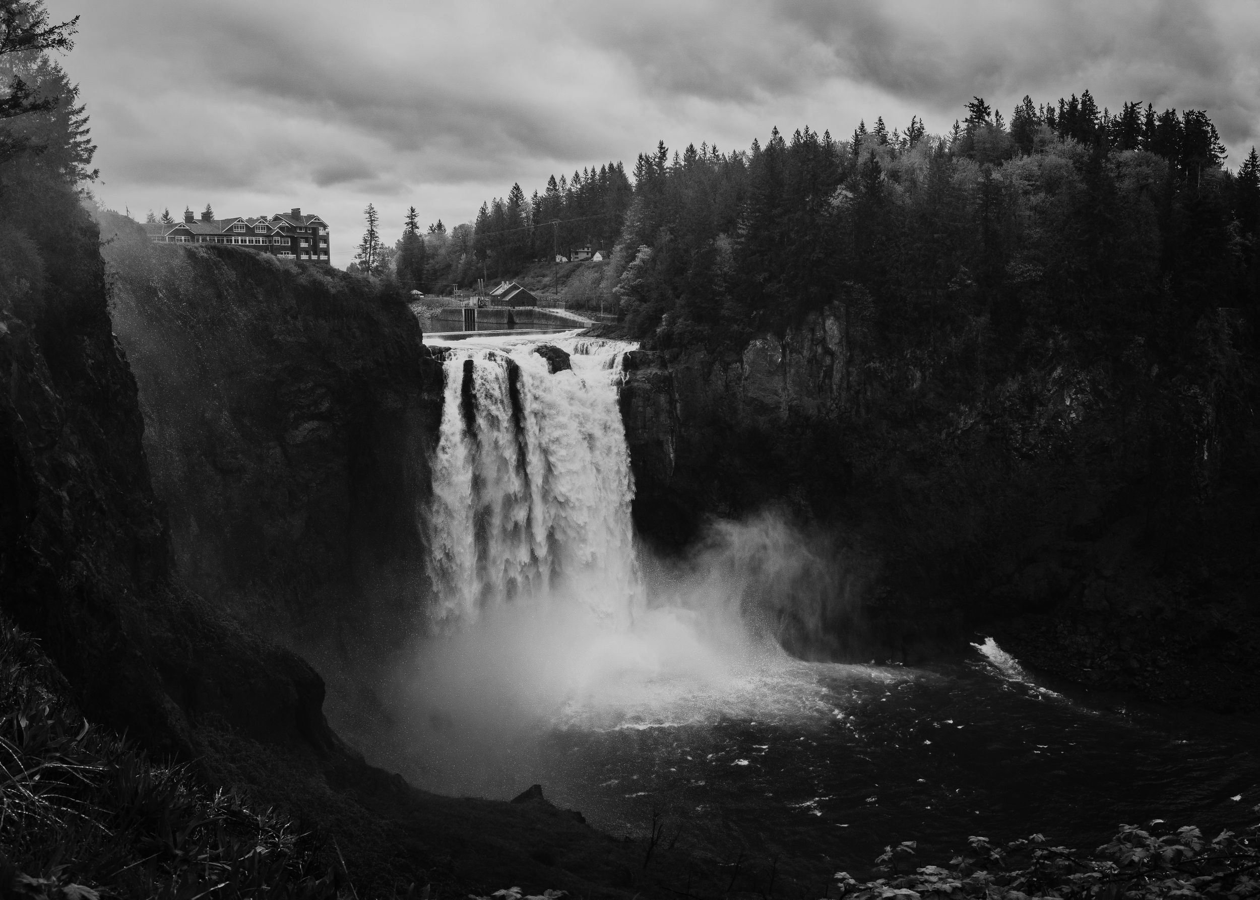 Dramatic waterfall cascades through forested canyon in black and white landscape photograph.