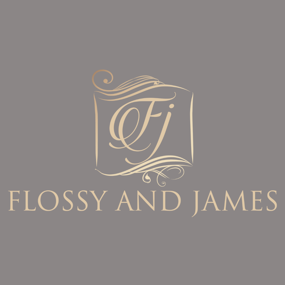 Elegant gold logo design for Flossy and James featuring decorative flourishes and text in a gray background.
