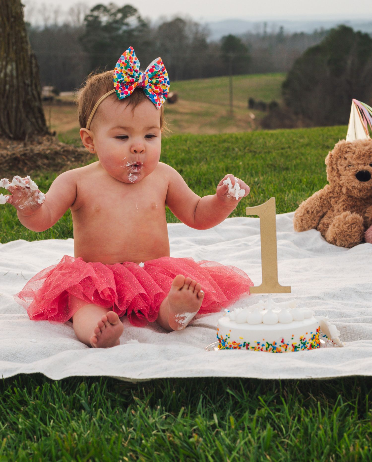 Baby in pink tutu and bow celebrates first birthday with cake and teddy bear outdoors.