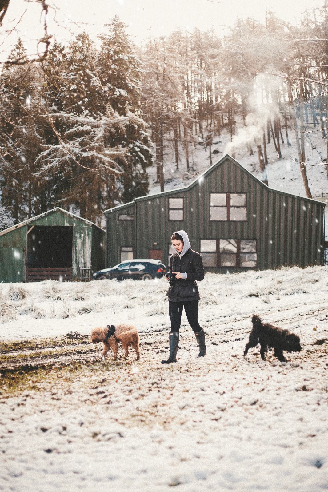 Photographer with dogs infront of house in the snow