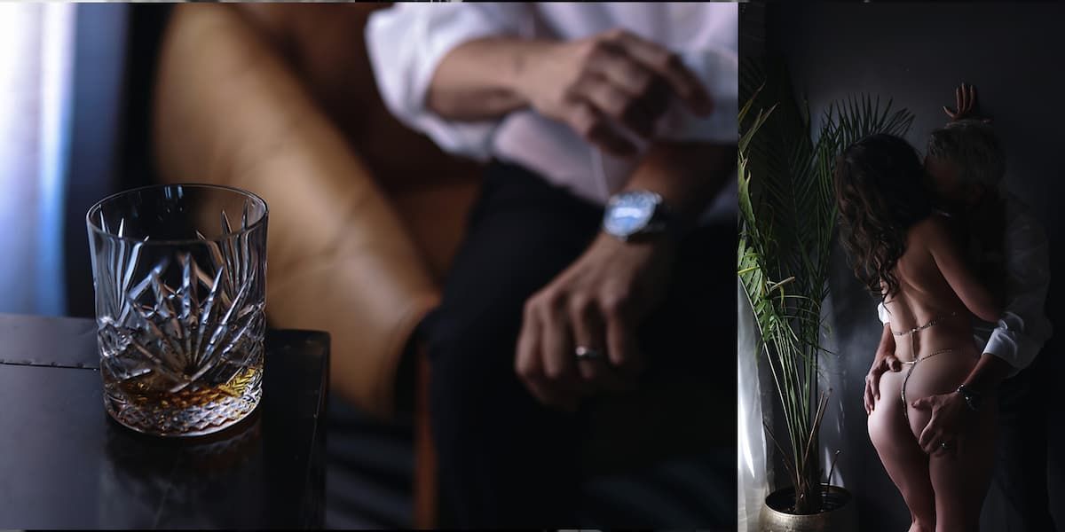 A series of dark and moody lifestyle photos showing hands holding drinks and intimate bar scenes.
