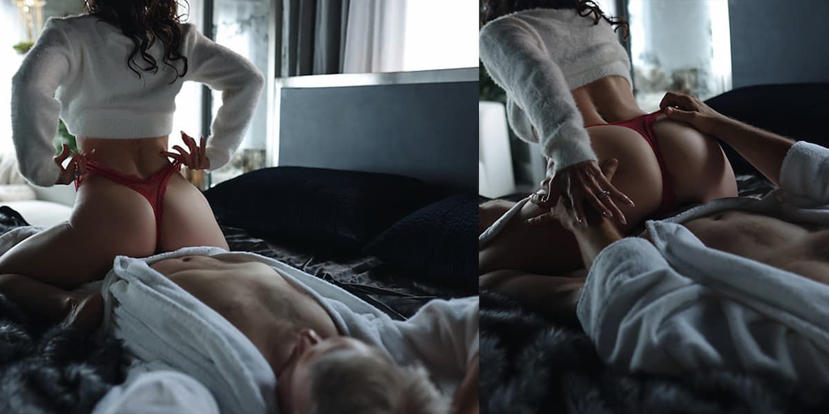 Intimate black and white photo series showing tender moments between a couple in bed.
