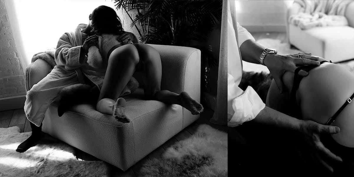 Two monochrome photos showing intimate poses on a modern sofa in moody lighting.