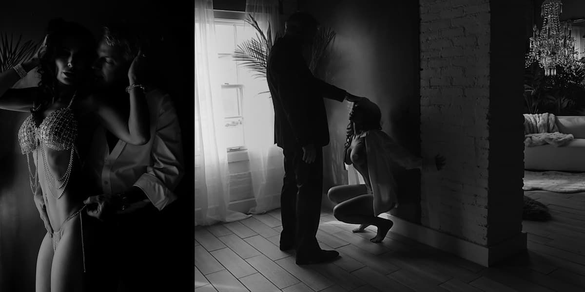 Noir-style black and white image depicting shadowy figures in a dimly lit corridor.