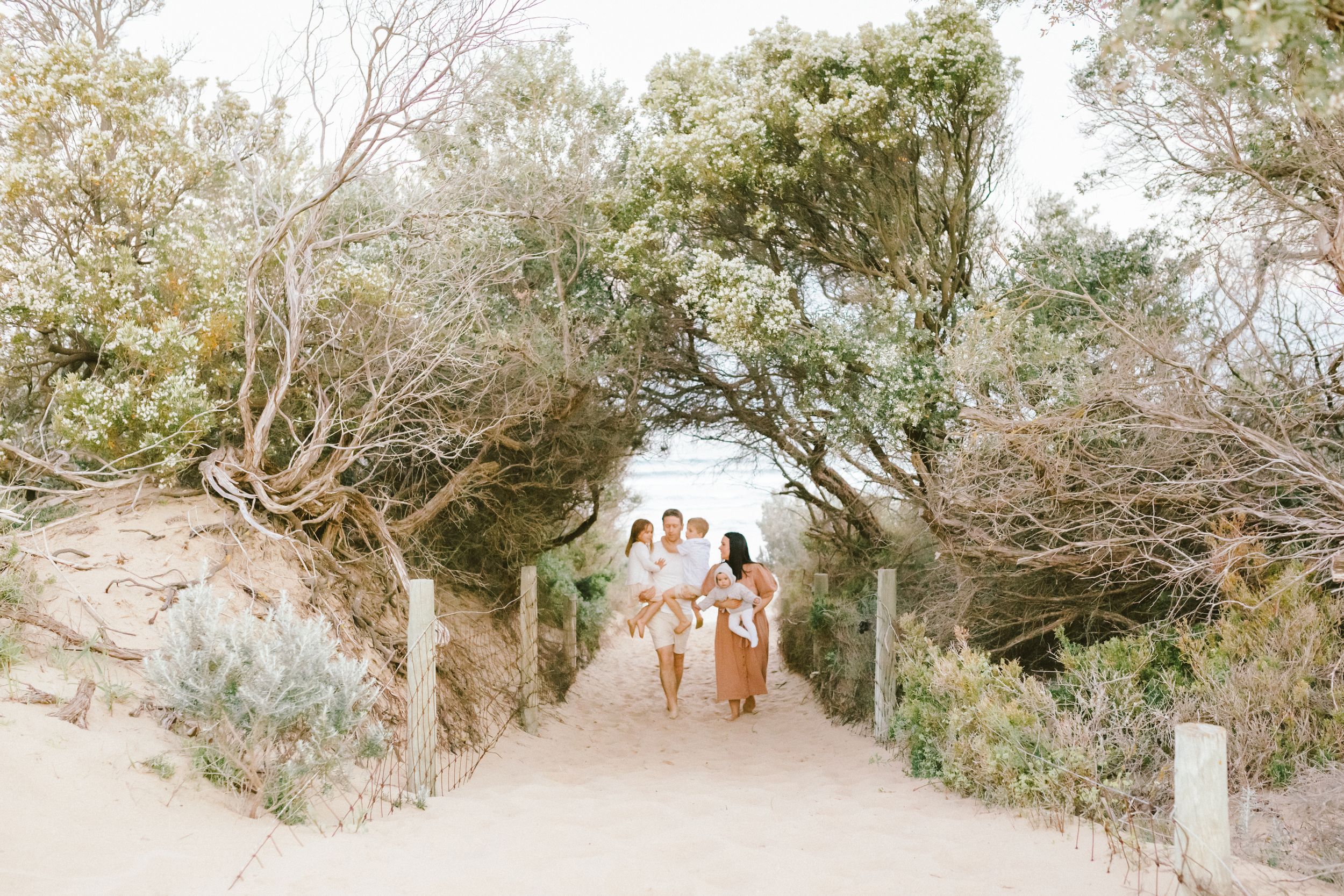 Three people stroll down a winding coastal trail surrounded by windswept trees and native brush.