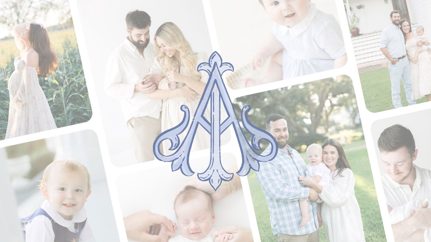 Photo collage of family, newborn, milestone, and maternity photos taken by Fairhope Photographer, Alex Ishee.