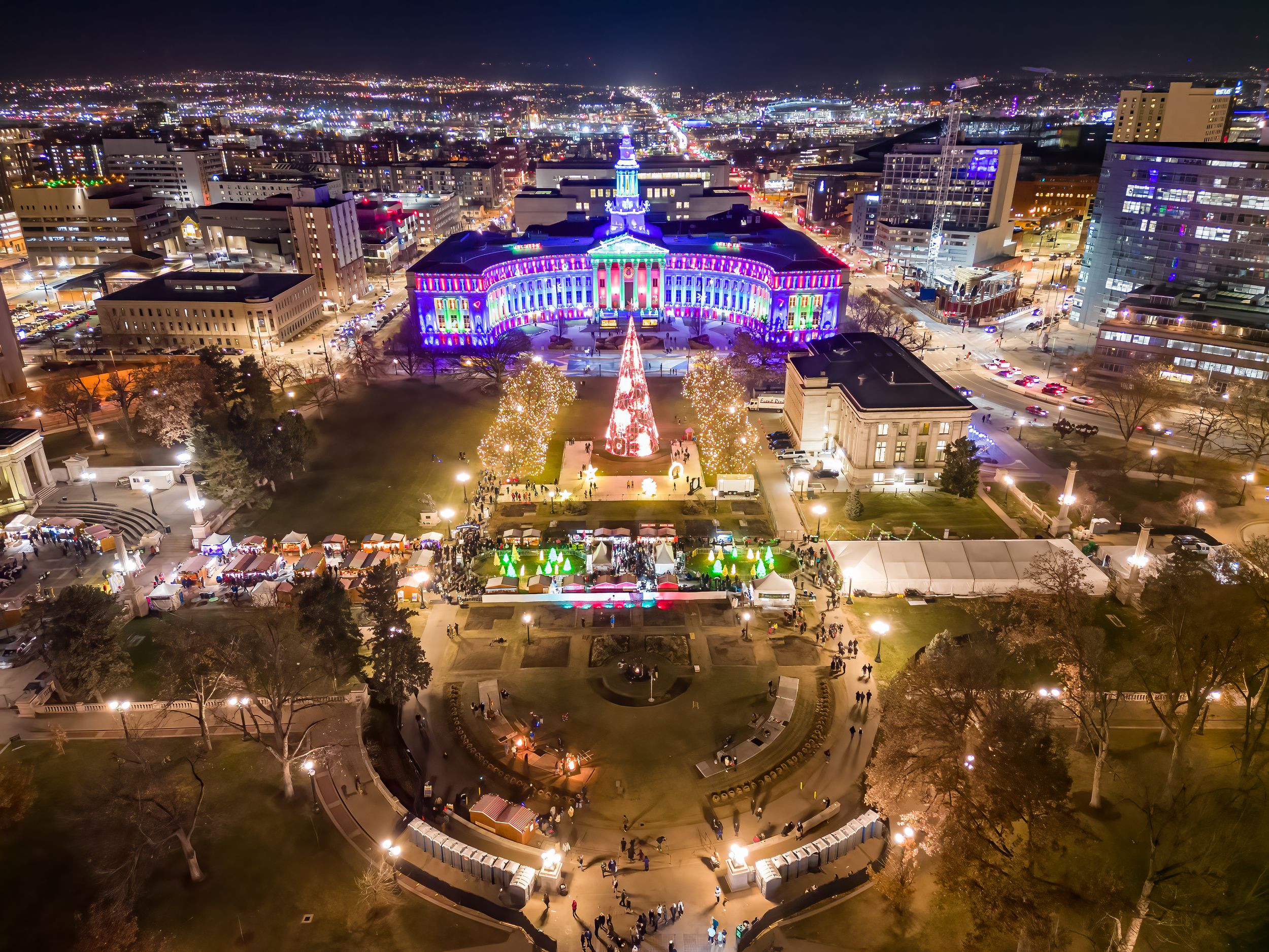 Aerial/Drone night shot of holiday lights by Denver Hospitality, Travel & Tourism photographer Captain Colorado Photography.