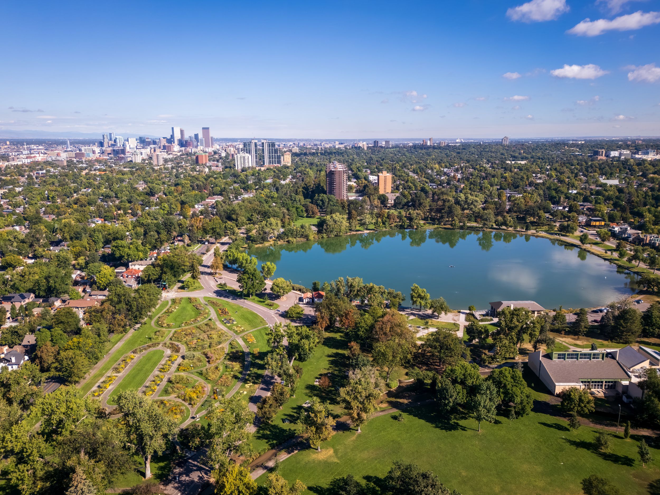 Drone photo of a lake in Washington Park in Denver by Denver Hospitality, Travel & Tourism photographer Captain Colorado Photography.