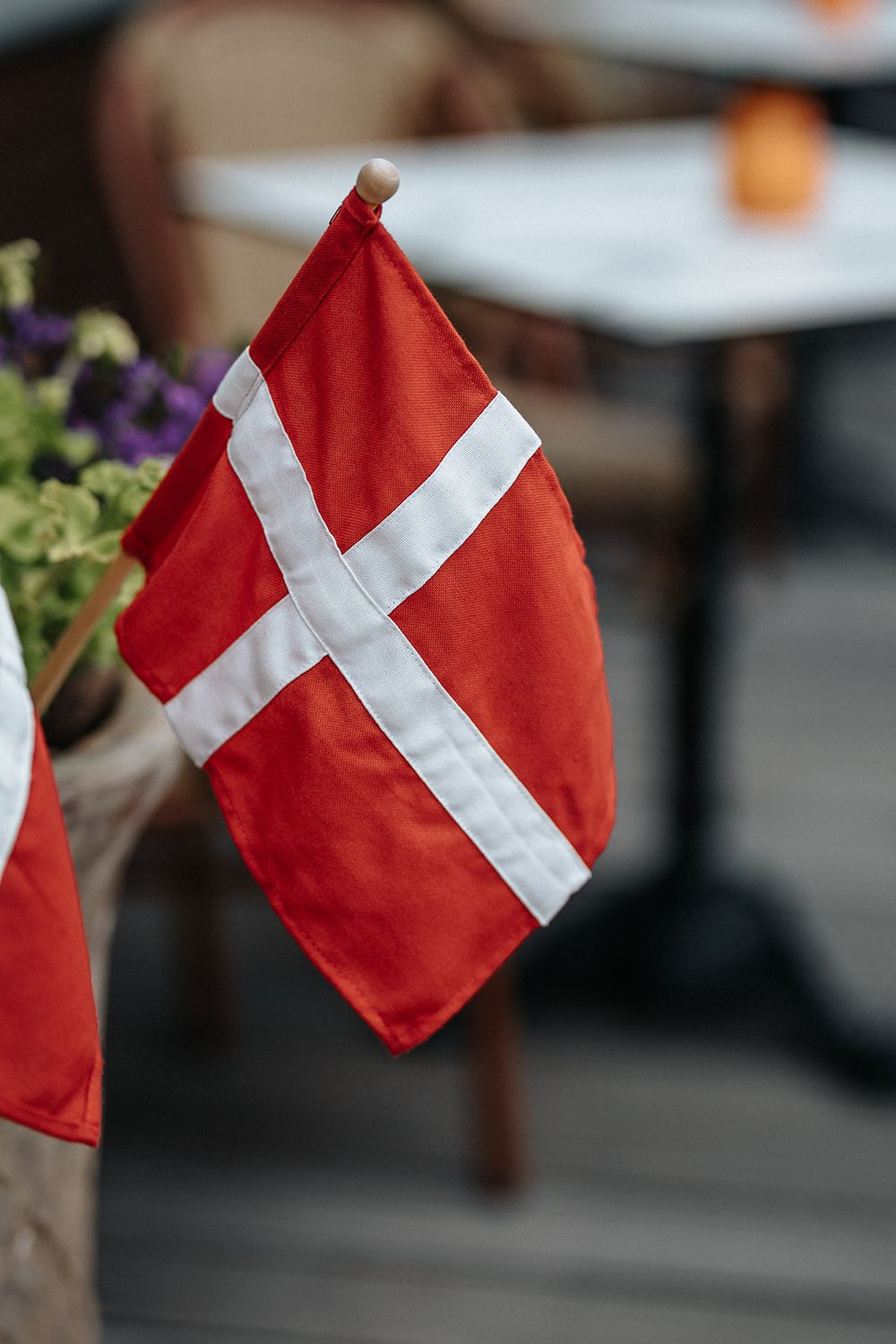 Multiple Danish flags with red backgrounds and white crosses wave in the wind against a blurred background.