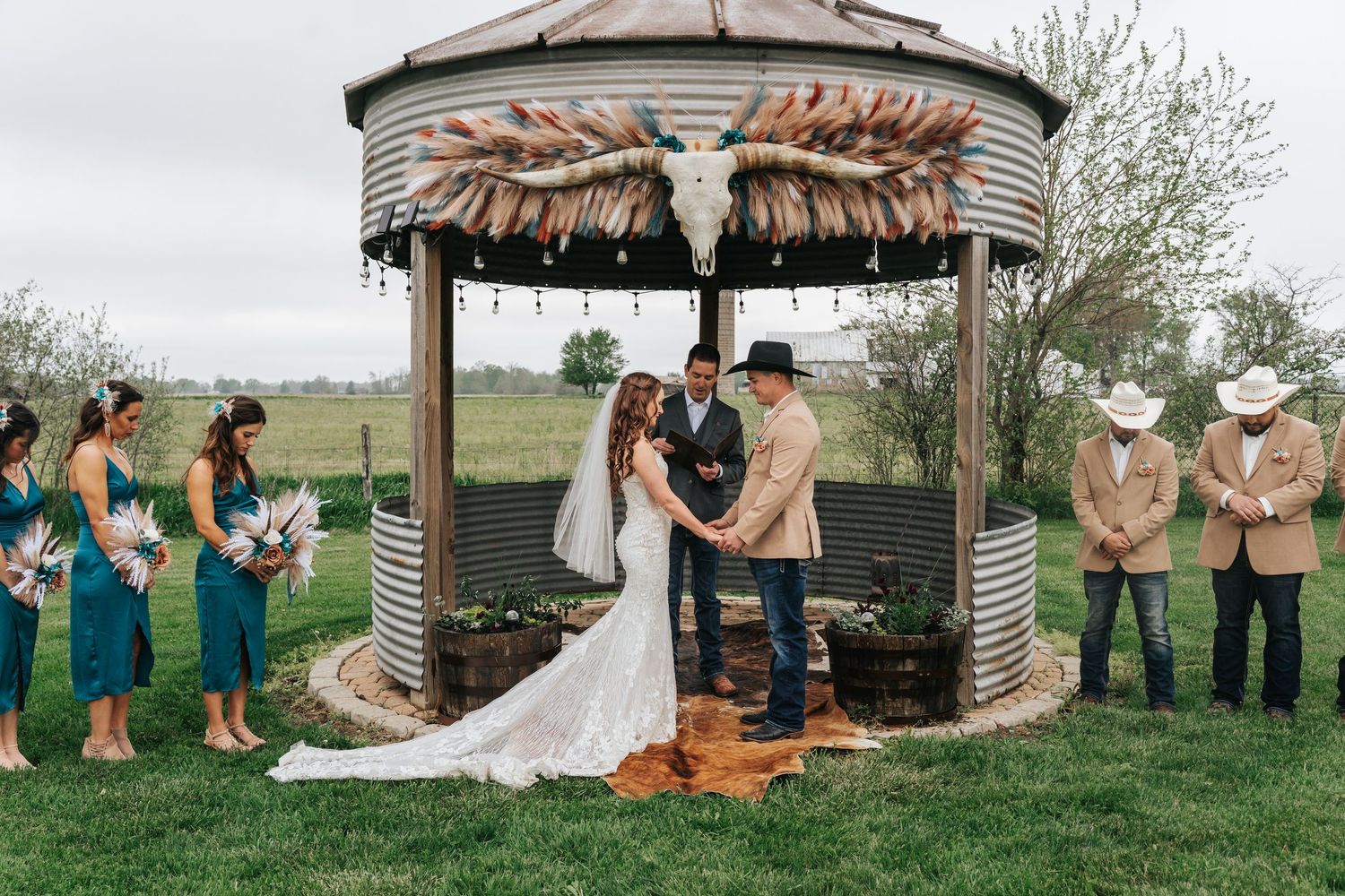 A wedding ceremony collage showing outdoor rustic venue scenes with bridal party members in teal and tan attire.