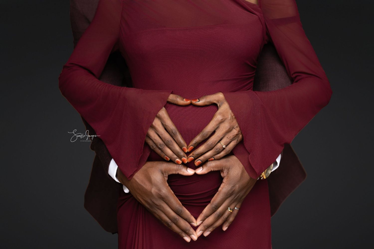 Hands forming a heart shape against a burgundy dress background in a series of sequential photos.