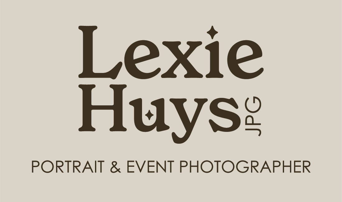 Logo for Lexie Huys JPG, a portrait and event photographer, displayed in dark brown serif font on a beige background.