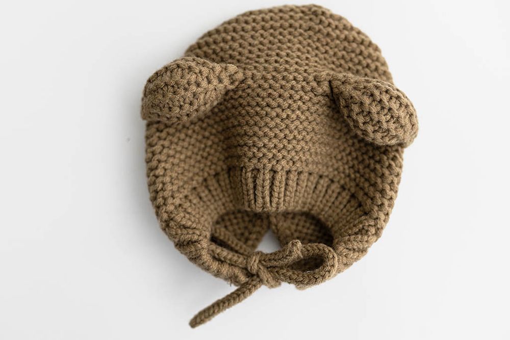 Brown knitted baby bonnet hat with bear ears  for cake smash photographer in SoCal.