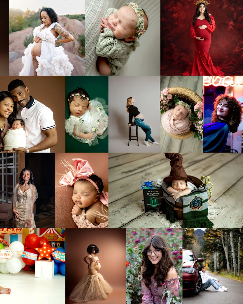 A collage of professional maternity, newborn, and family portrait photography sessions featuring diverse subjects in creative poses.