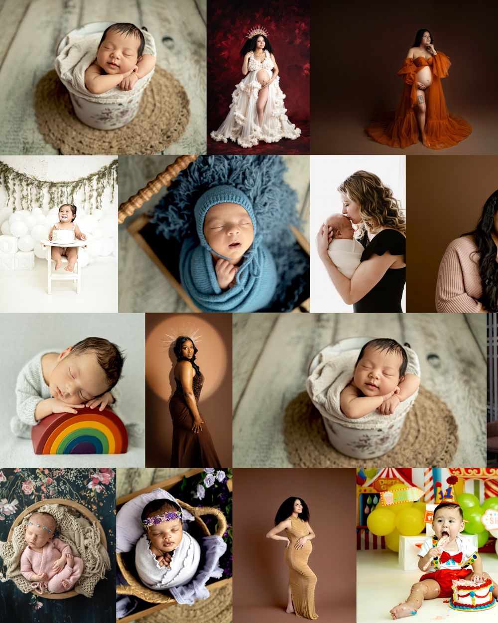 A collage of newborn, maternity, and baby milestone photography sessions featuring infants in props and pregnant women in elegant gowns.