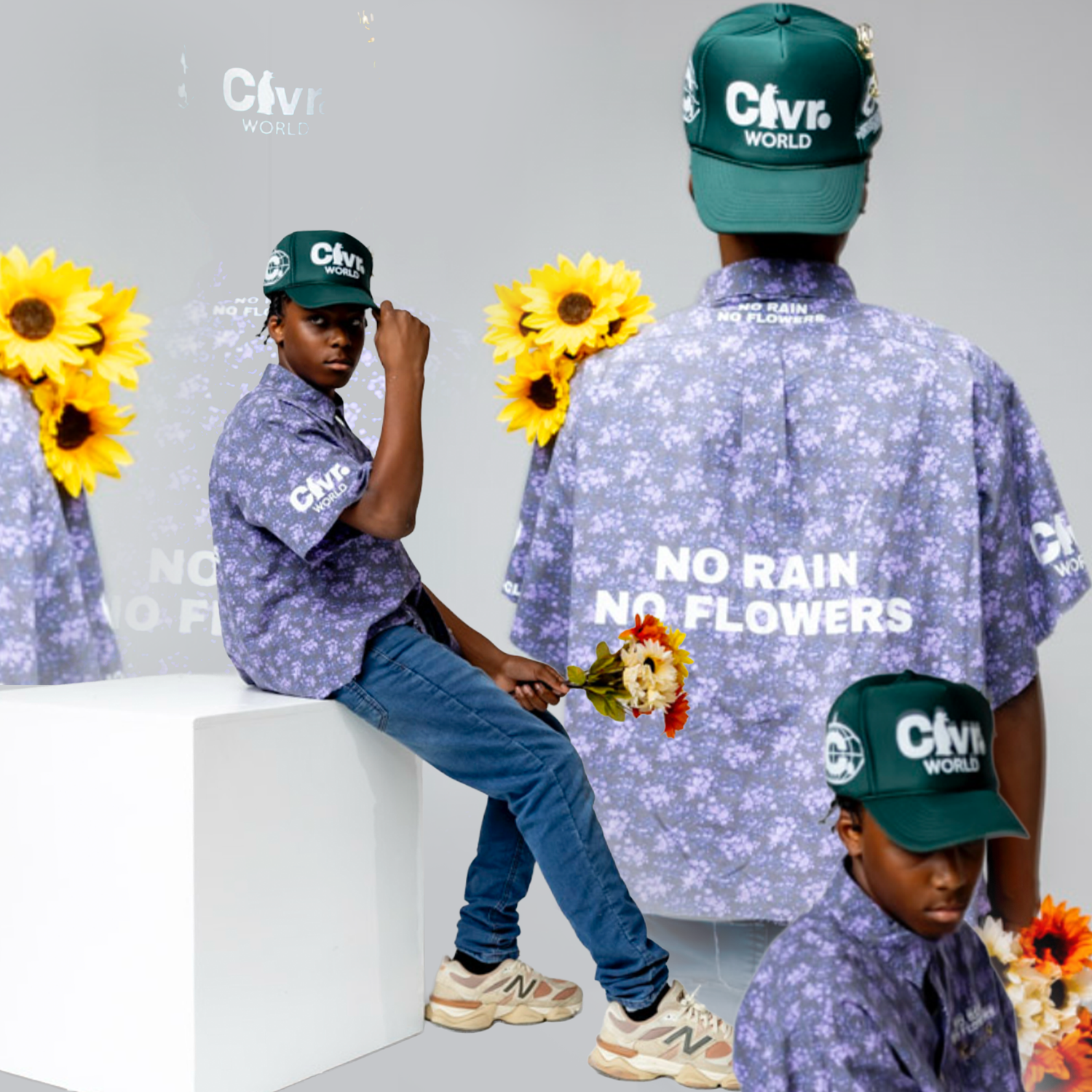 Model wearing Clvr World floral shirt and green cap holding sunflowers, with No Rain No Flowers text on back.