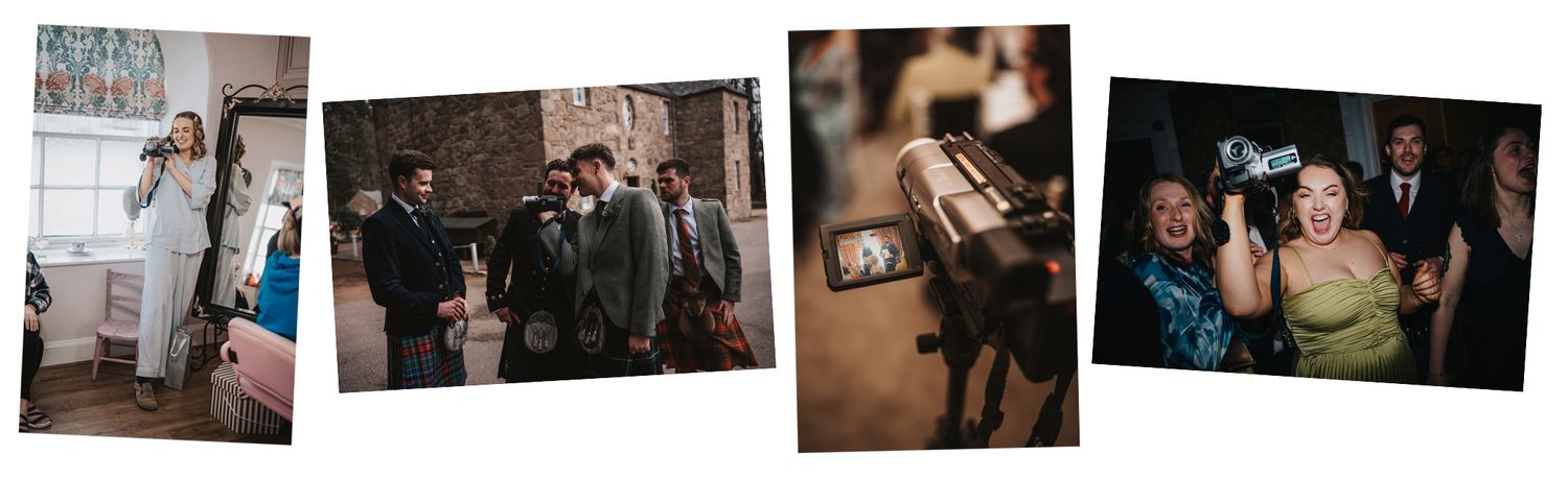 a Selection of photos of wedding guests using the old camcorder from the uncle bob's vintage VHS video package