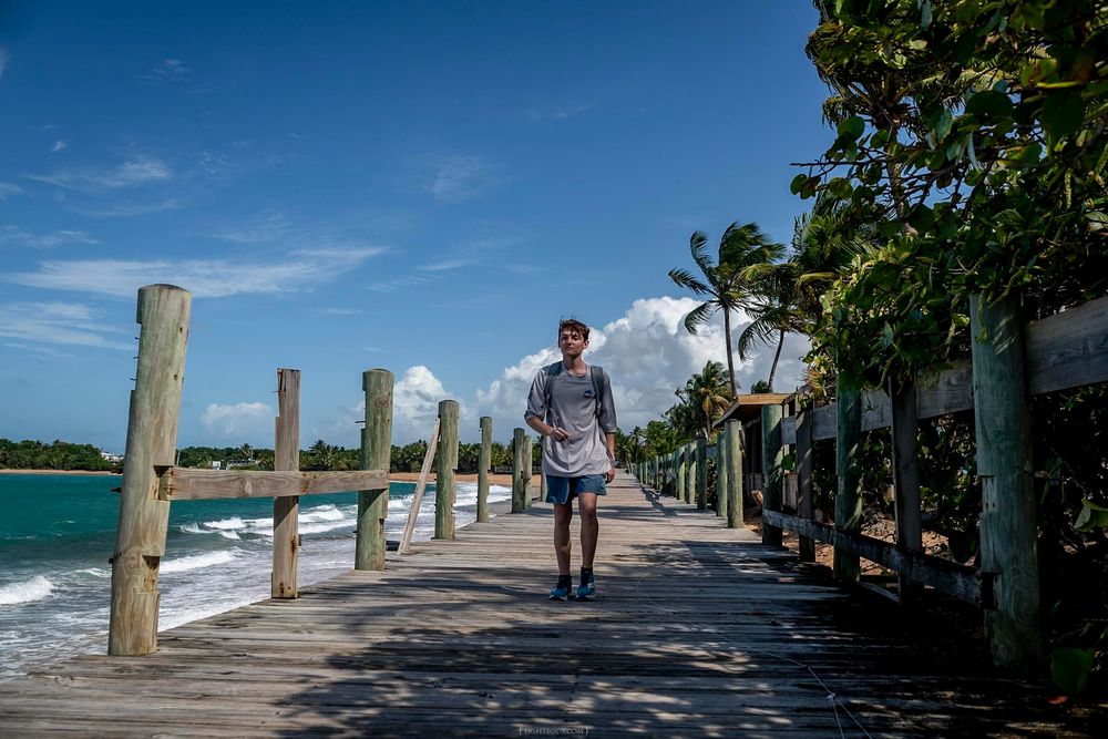 Man walking on a wooden boardwalk beside a tropical beach with palm trees and blue sky.