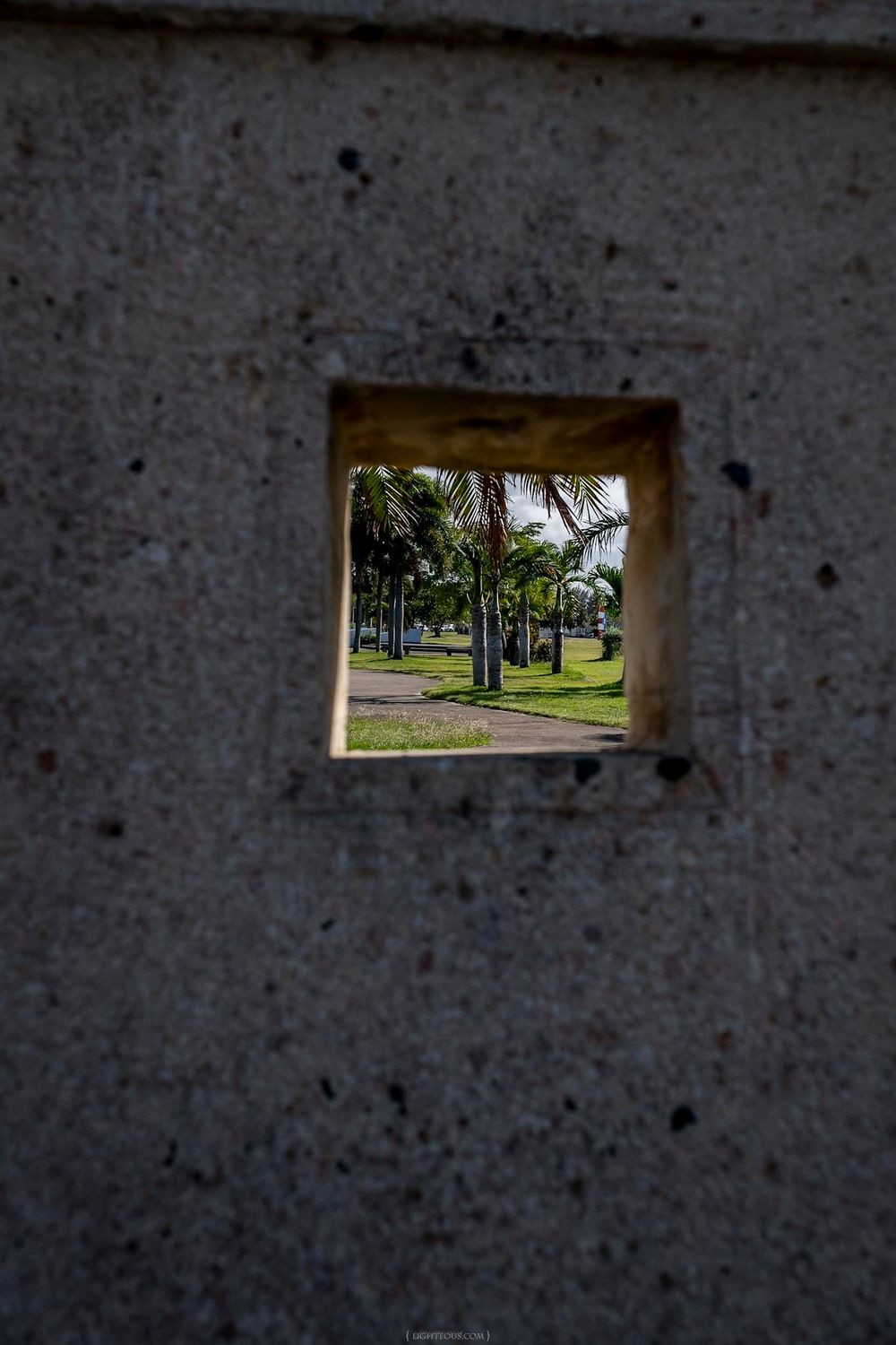 A small square window in a weathered concrete wall reveals a sunny tropical park with palm trees and green grass.