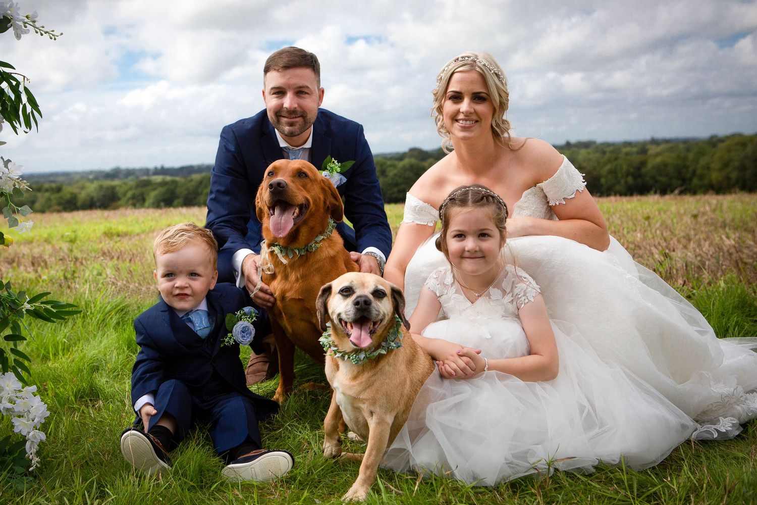 Wedding couple pose with two children and two dogs in scenic countryside field.