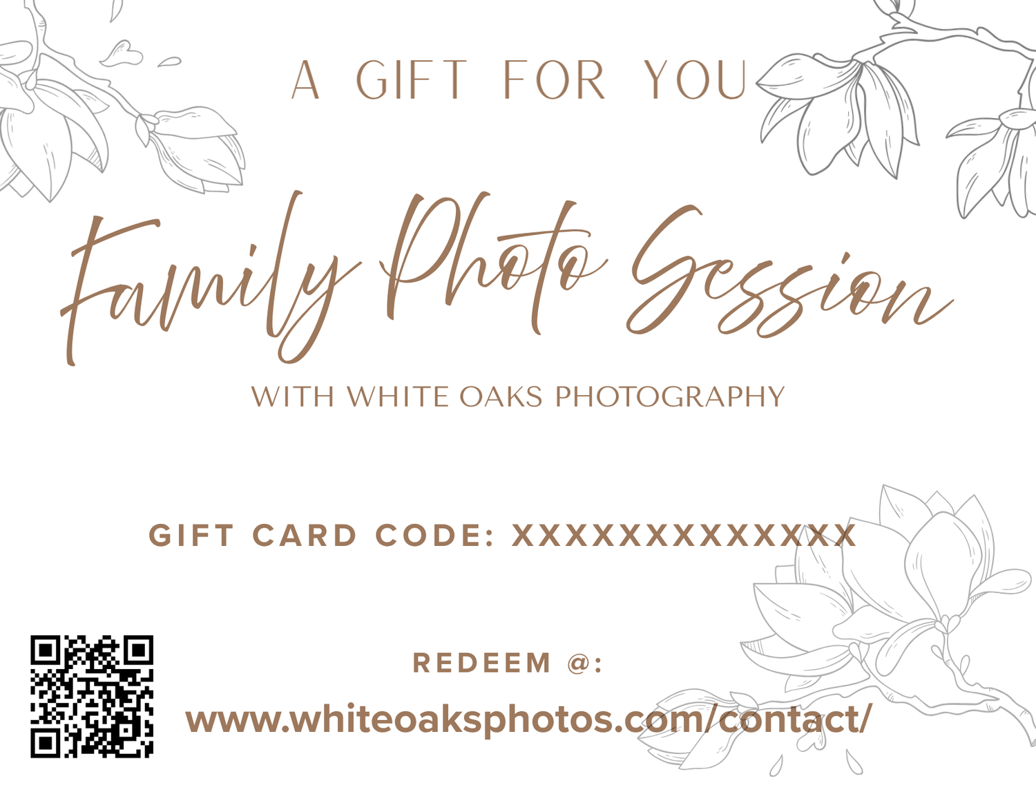 White Oaks Photography family photo session gift card with floral design, gift card code field, and redemption website URL.