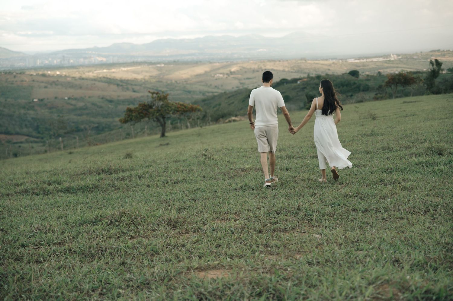 Couple holding hands walking on green hillside meadow with scenic valley landscape in background.