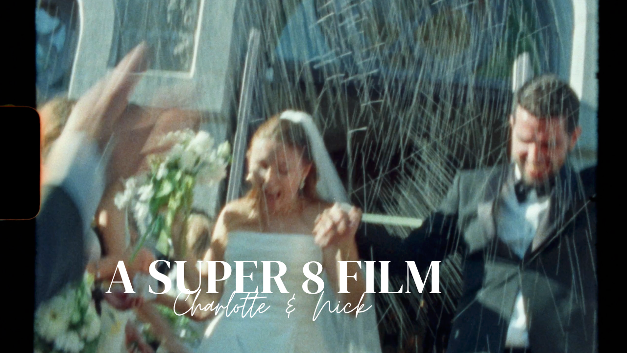 Super 8 film wedding video of bride and groom Charlotte and Nick walking through confetti on their special day.