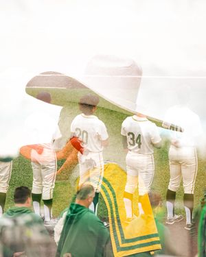 Double exposure photo of baseball players in green and white uniforms standing on a field.