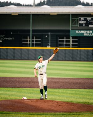 Baseball pitcher on mound in green and white uniform, raising glove at outdoor stadium with green outfield wall.