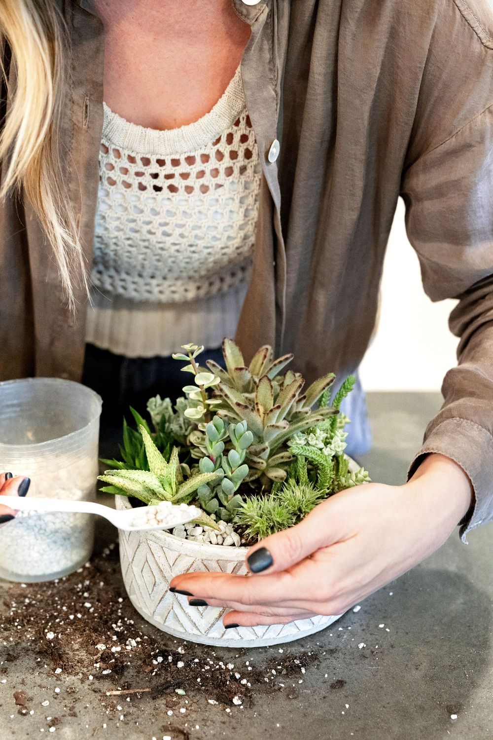 Hands planting succulents in a white geometric patterned ceramic planter.