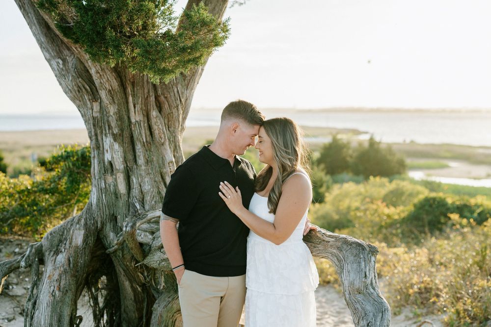 Couple sharing a romantic moment near a gnarled tree on a sandy beach at golden hour.