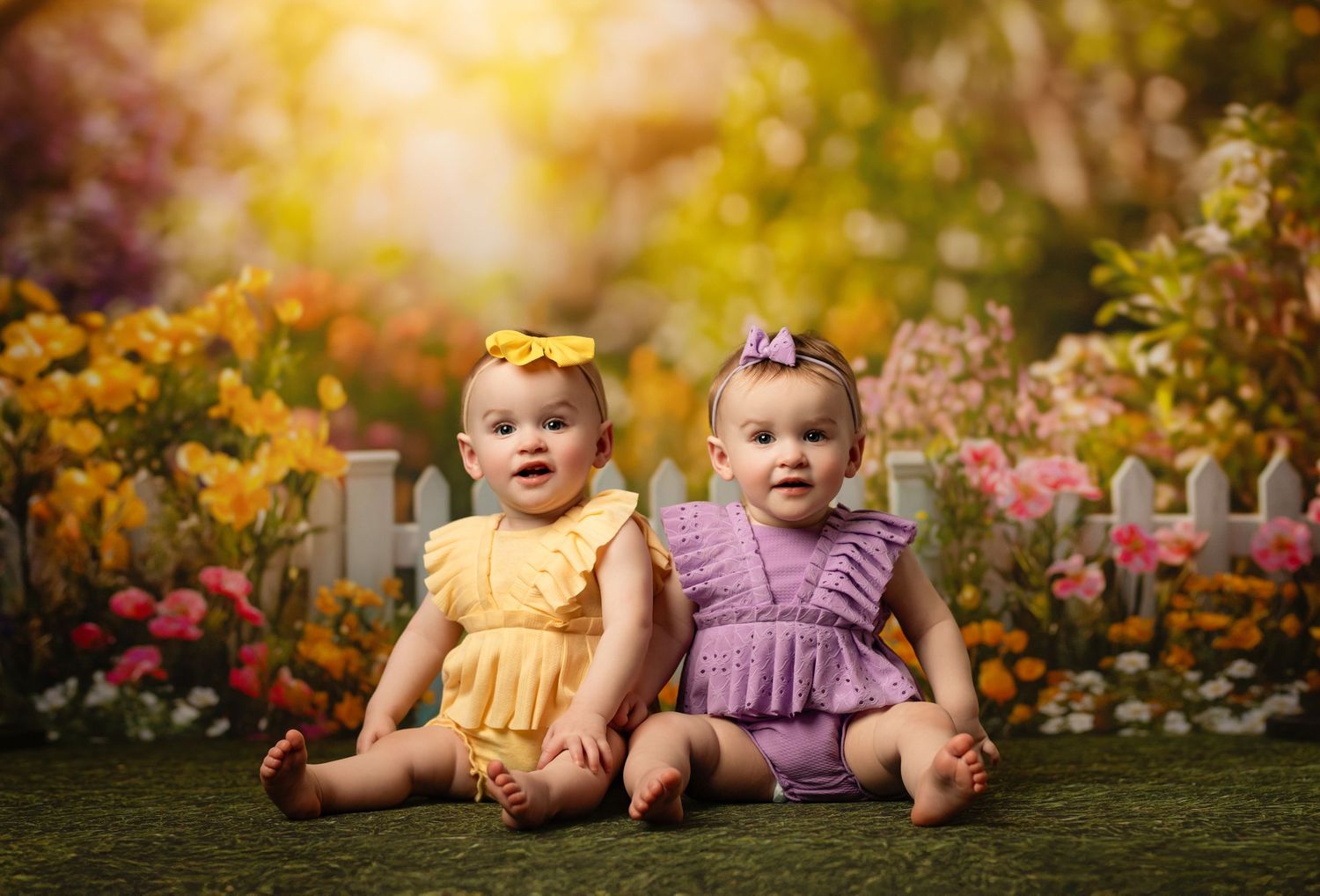 Two baby girls in yellow and purple rompers sit together in a colorful flower garden with a white picket fence.