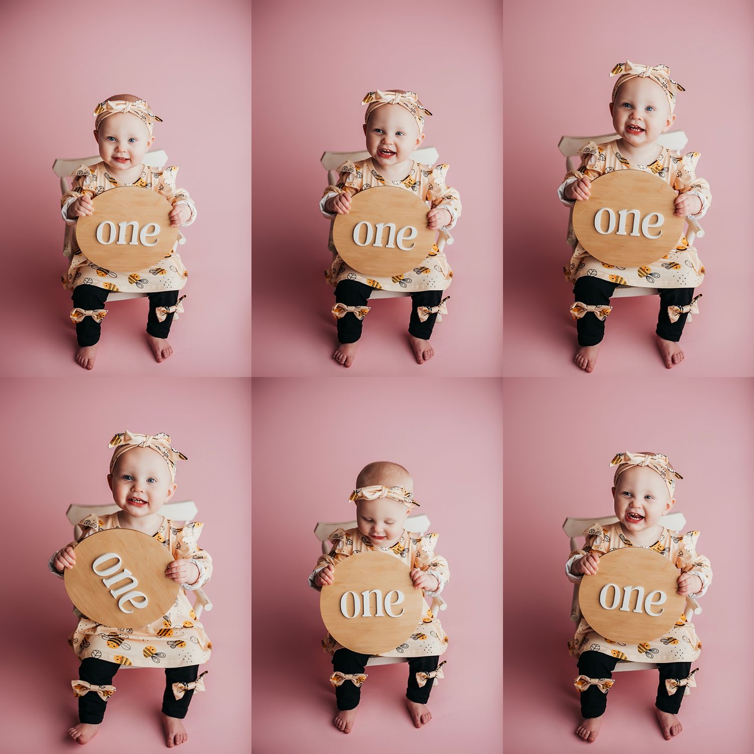 A baby girl holds a round wooden sign reading one, celebrating her first birthday in a pink photo collage.