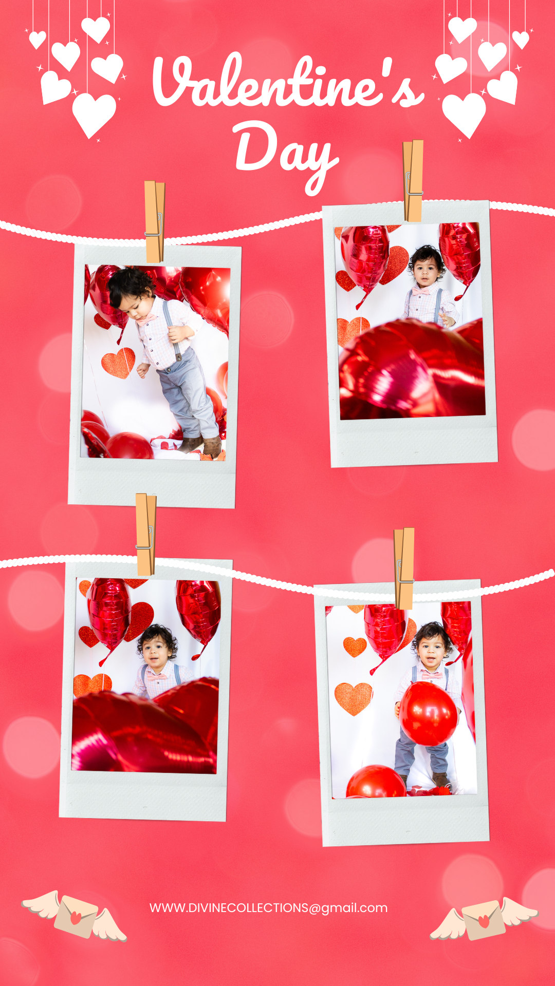 Four Polaroid photos hanging on clothespins with hearts against pink Valentine's Day background design.