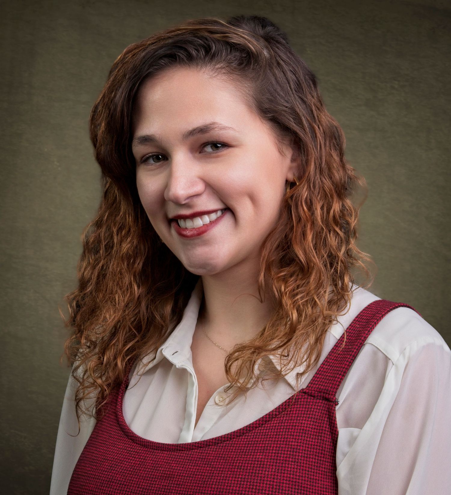 Portrait series showing person in burgundy vest and white blouse with curly hair against dark background.