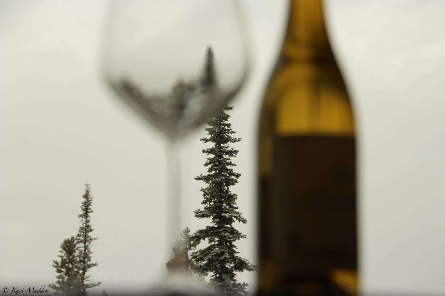 Wine glass and bottle elegantly placed in front of a snowy window in Big Sky, Montana, capturing a  winter still scene with frosted trees.