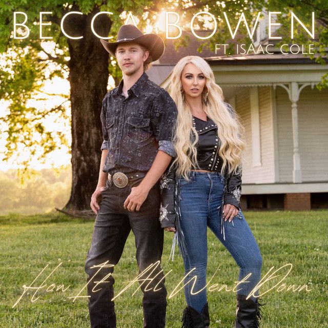 A couple in western attire poses together outdoors during golden hour sunset in a romantic countryside setting.