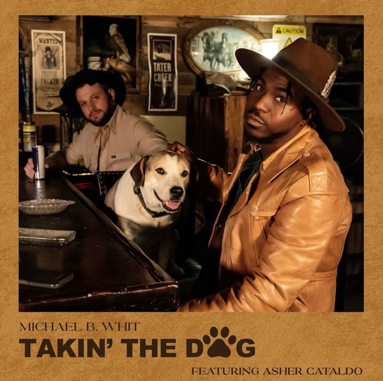 Album cover for "Takin' the Dog" featuring musician Michael B Whit with dog at piano in vintage-style setting.