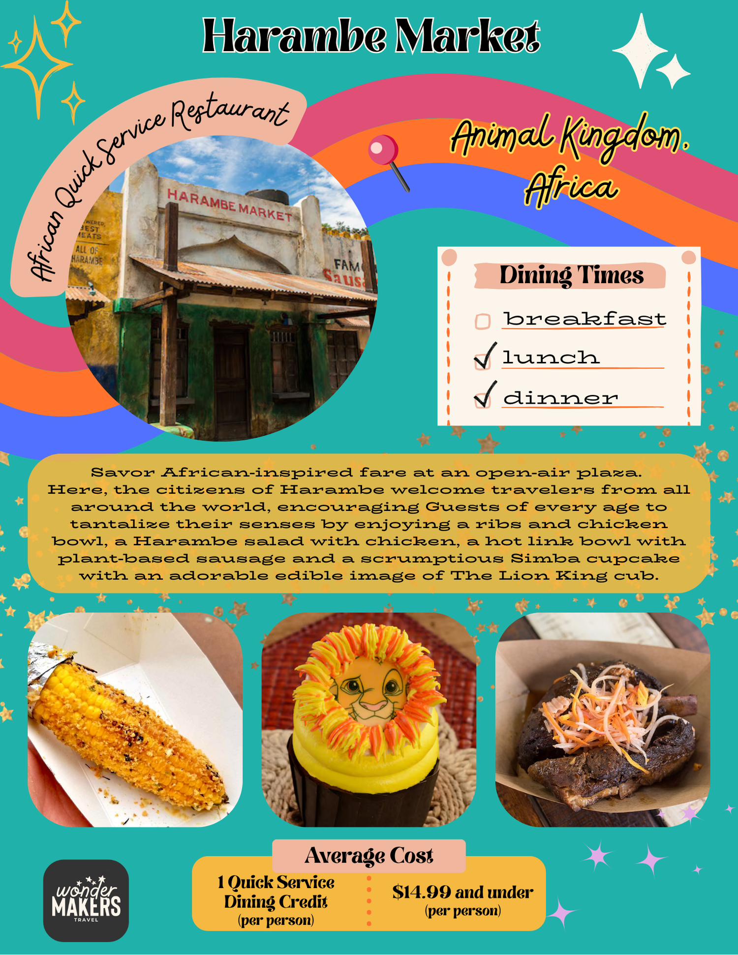 Colorful banner showcasing African-inspired restaurant menu items and dining information with sparkly design elements.