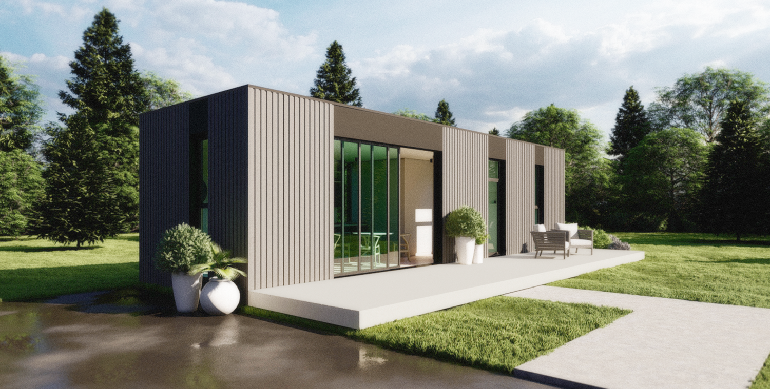 Modern modular house exterior with glass panels and wood accents surrounded by green landscape.