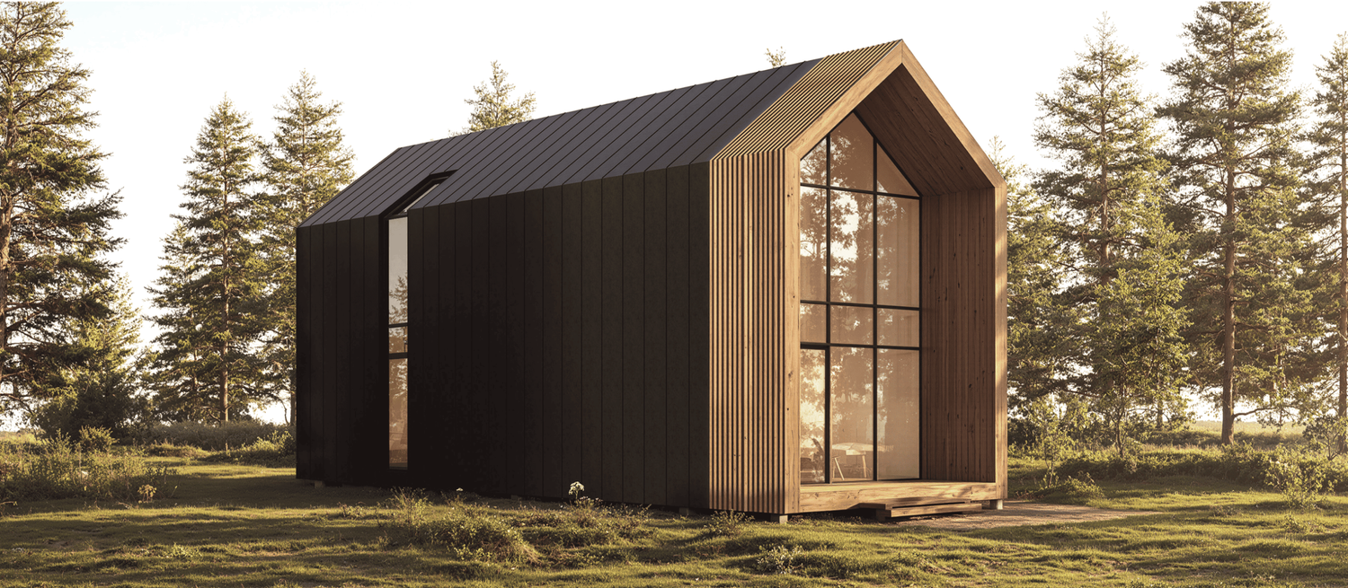Minimalist white modular home with vertical panels and large windows set in an arid landscape.