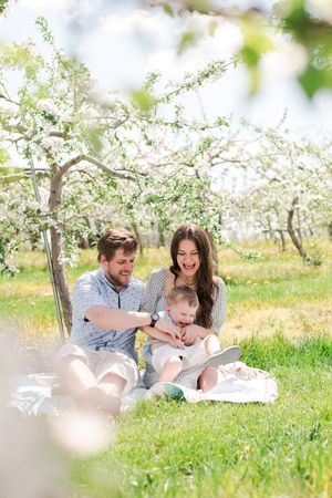 Happy family of three sitting on grass laughing together under blooming apple trees.