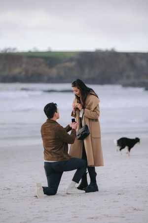 A couple sharing a heartfelt proposal moment on a beach with cliffs in background and a dog nearby.