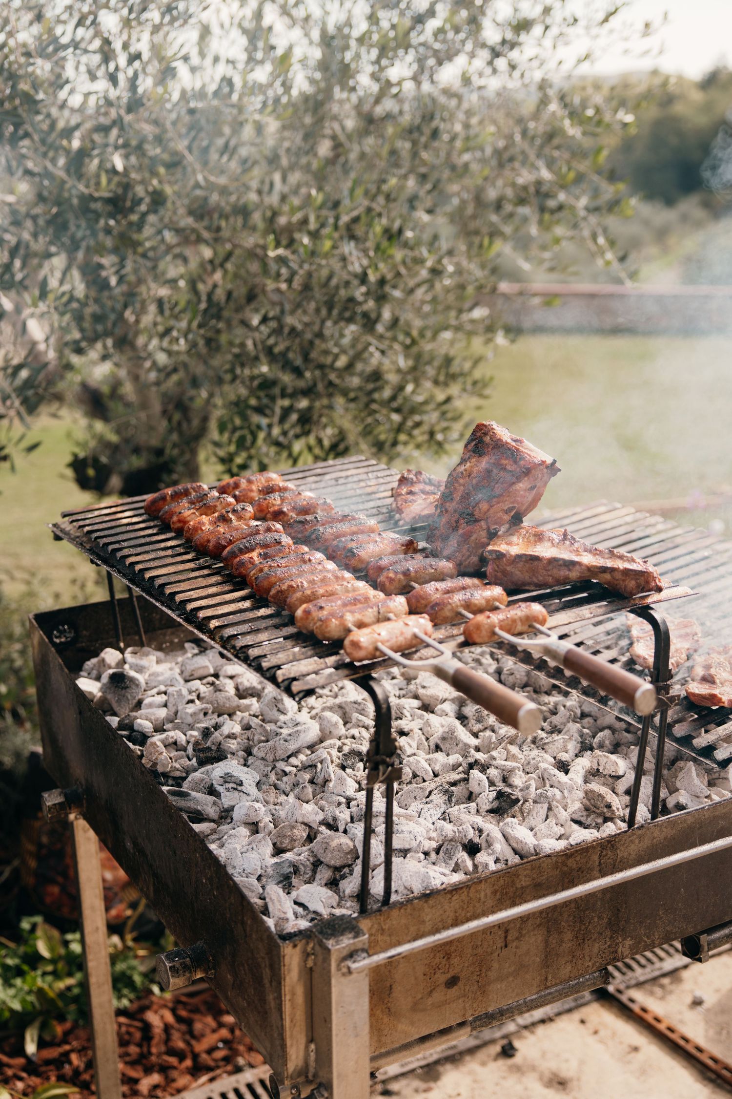 Meat skewers and ribs cooking on a rustic barbecue grill with hot coals.