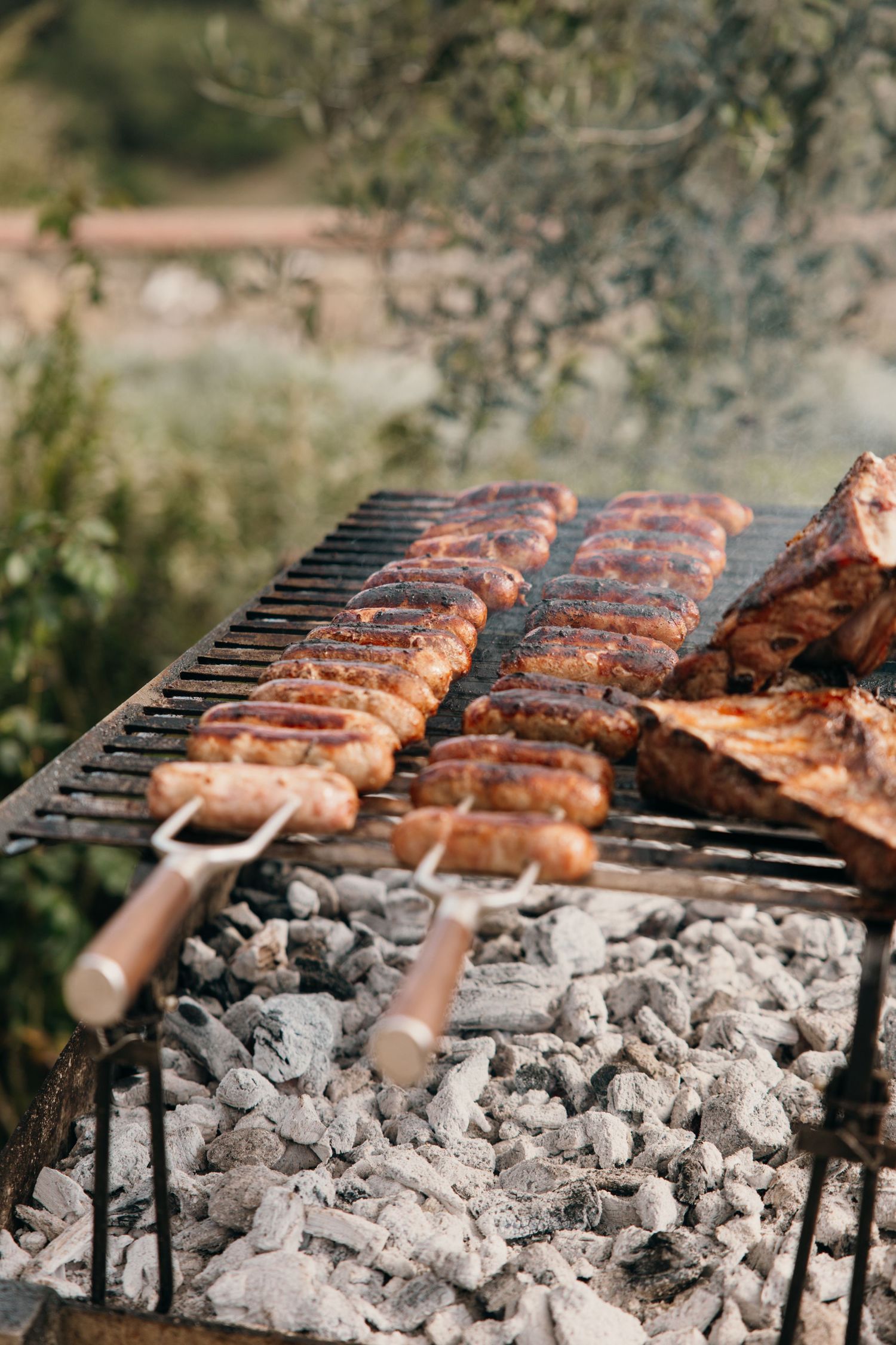 Close-up of seasoned meats cooking on a charcoal grill with perfect grill marks.
