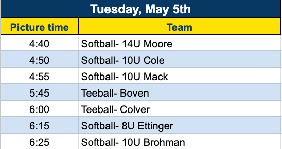 Sports team practice schedule showing various baseball and softball timeslots on Tuesday May 6th.