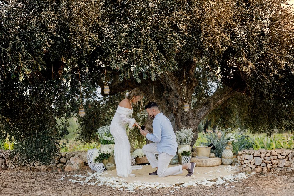 A wedding couple poses together in a garden setting during a romantic outdoor photo session.